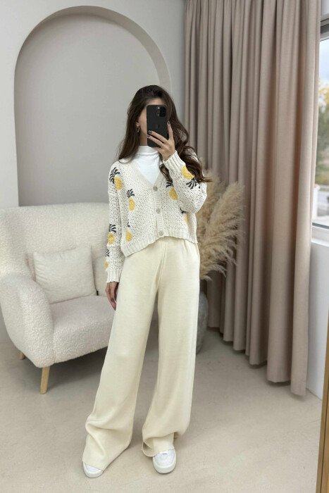 KNITTED PINEAPPLE DESIGN WOMEN CARDIGAN CREAM/KREM - 9