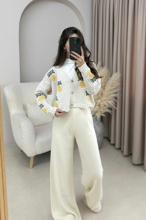 KNITTED PINEAPPLE DESIGN WOMEN CARDIGAN CREAM/KREM - 10