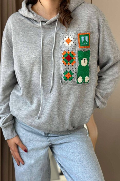 KNITTED POCKET DETAIL WOMEN HOODIE GREY/GRI - KLAUDIO FASHION