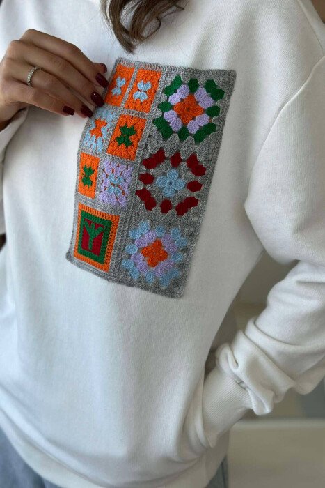 KNITTED POCKET WOMEN SWEATSHIRT WHITE-E BARDHE - 2