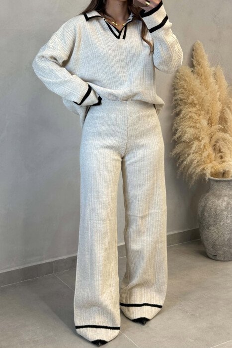 KNITTED POLO NECK SWEATER+TROUSERS WOMEN SET CREAM/KREM - 2