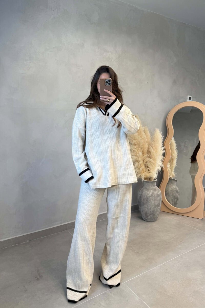 KNITTED POLO NECK SWEATER+TROUSERS WOMEN SET CREAM/KREM - 4