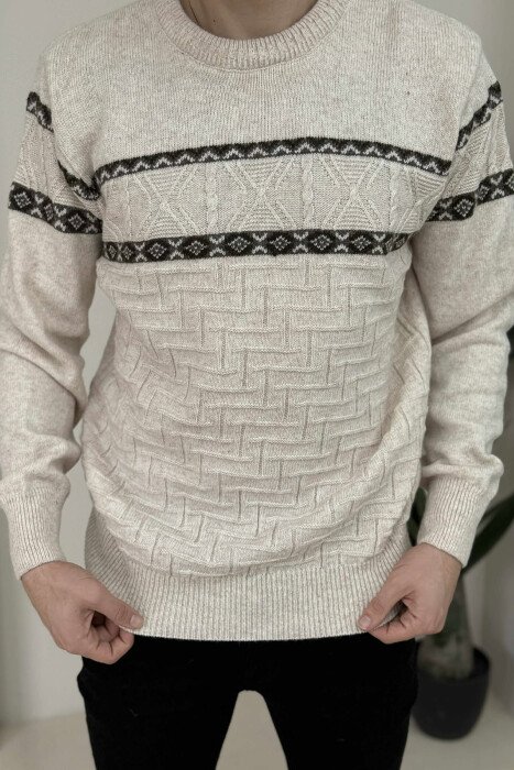 KNITTED ROUND NECK MEN SWEATER CREAM/KREM - 1