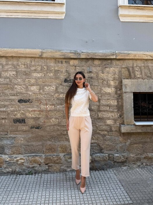 KNITTED SHORT SLEEVE LACE DETAIL WOMEN SWEATER CREAM/KREM - KLAUDIO FASHION