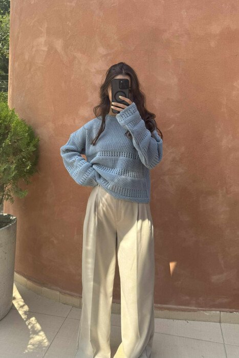 KNITTED SIMPLE ROUND NECK WOMEN SWEATER LIGHTBLUE/BZ 