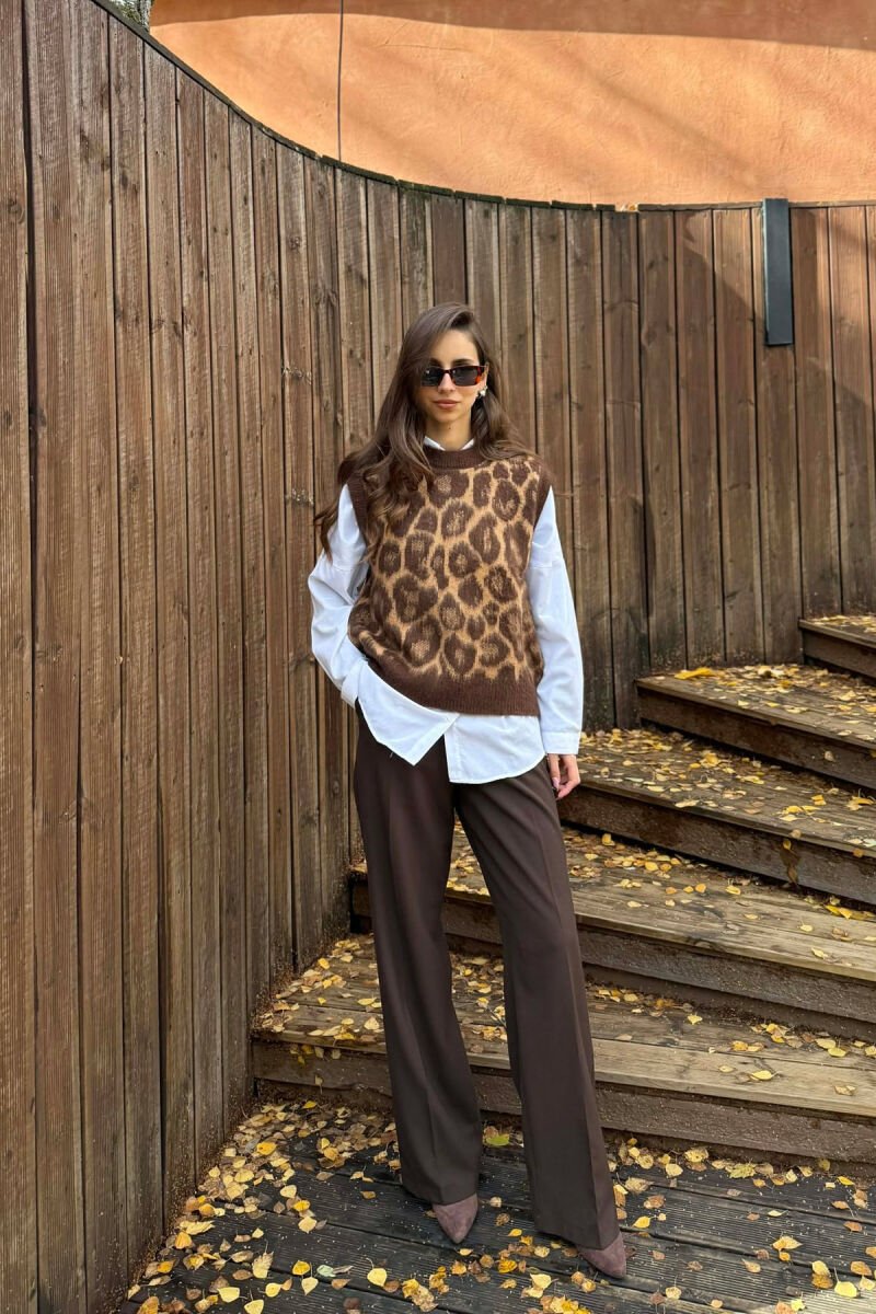 KNITTED SIMPLE WOMEN VEST BROWN/KAFE - 1
