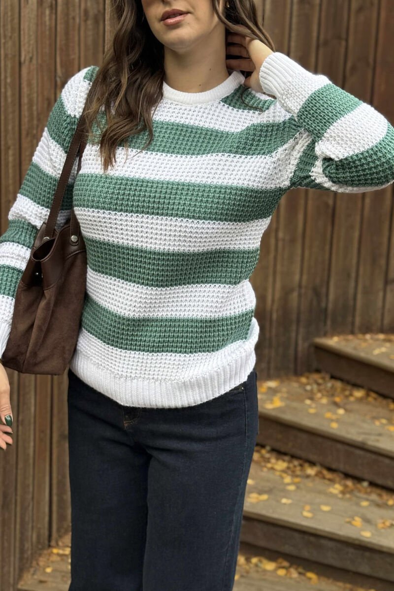 KNITTED STRIPE DESIGN ROUND NECK WOMEN SWEATER MINT/MENTE - 2