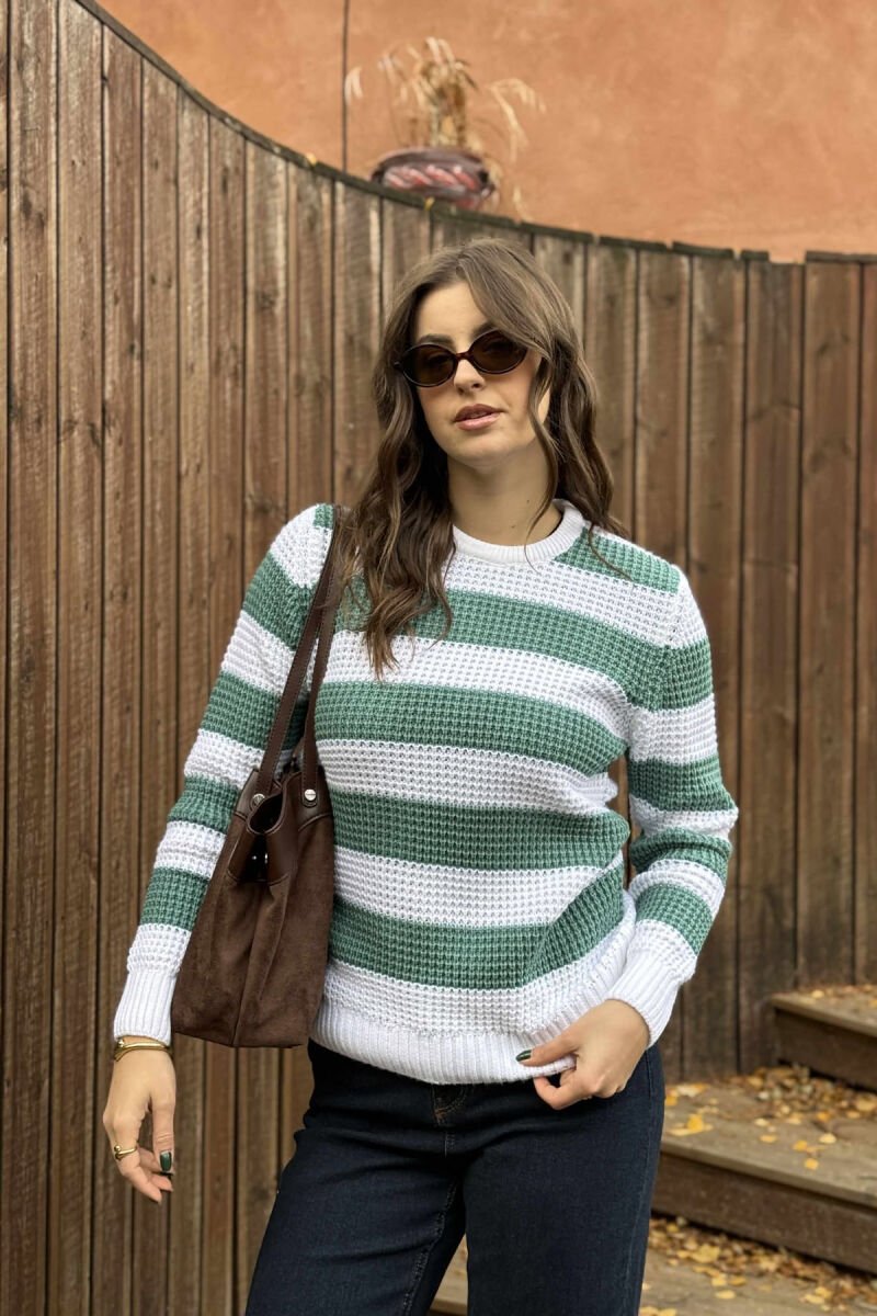 KNITTED STRIPE DESIGN ROUND NECK WOMEN SWEATER MINT/MENTE - 3