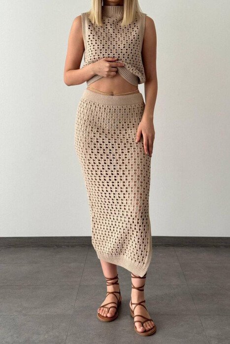 KNITTED TANK + SKIRT WOMEN SET BEIGE/BEZHE - KLAUDIO FASHION