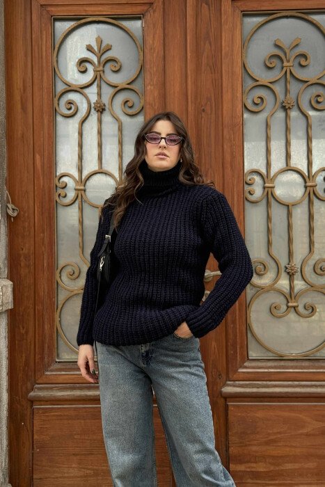 KNITTED TURTLE NECK WOMEN SWEATER DARK BLUE/BEE - 1