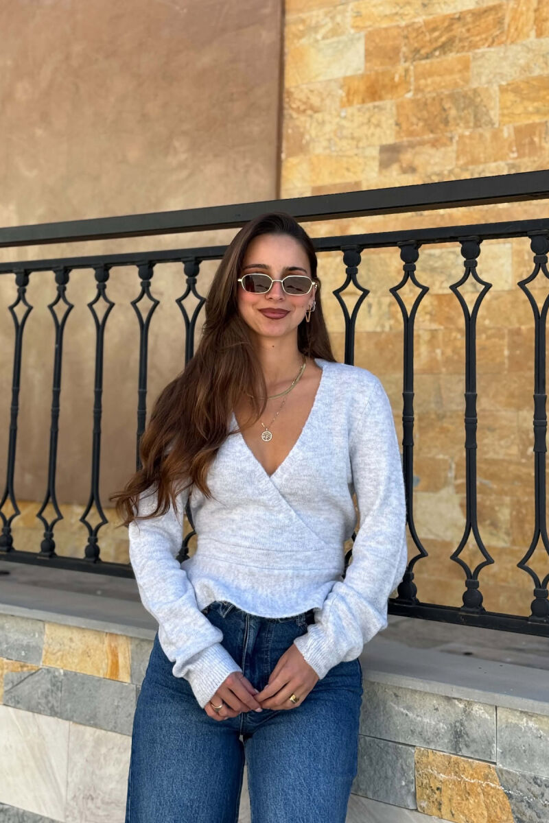 KNITTED V NECK LACING DETAIL WOMEN SWEATER LIGHT GREY/GZ - 1