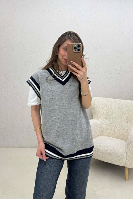 KNITTED V NECK WOMEN VEST GREY/GRI - 1