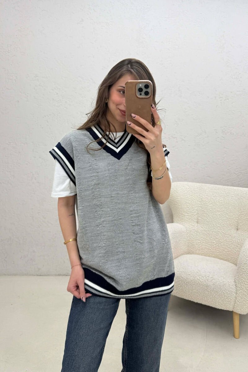 KNITTED V NECK WOMEN VEST GREY/GRI - 1