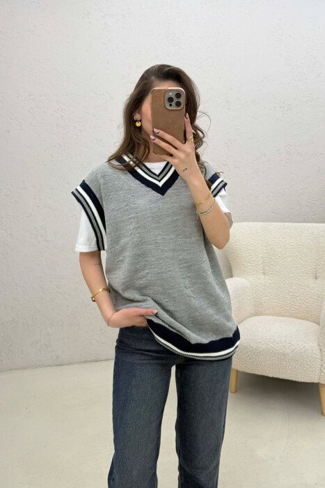 KNITTED V NECK WOMEN VEST GREY/GRI - 2