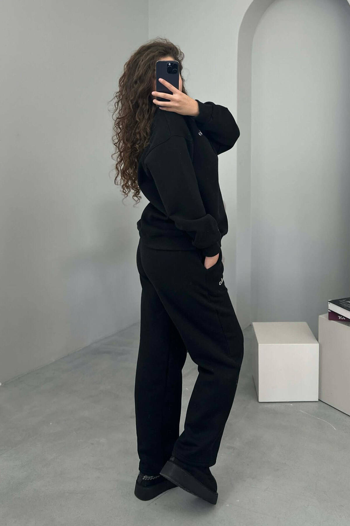 ALO SWEATSHIRT+SWEATPANTS FLUFFY WOMEN SET BLACK/ E ZEZE SWEATSUIT