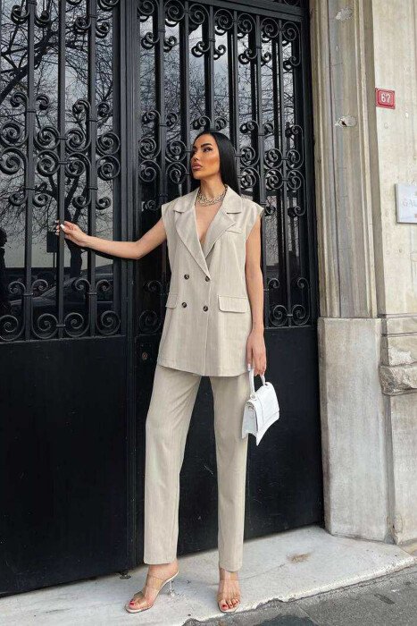 KOSTUM I THJESHTE NJË NGJYRËSH JELEK +PANTALLONA ME VIJA PËR FEMRA NË NGJYRËN KREM - 1