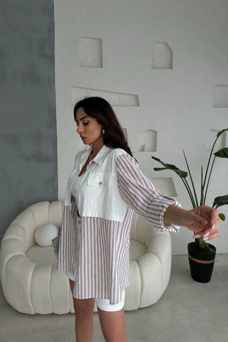 KOSTUM KEMISHE ME VIJA+ PANTALLONA TE SHKURTRA PER FEMRA NE NGJYRE TE BARDHE ME KAFE - 4