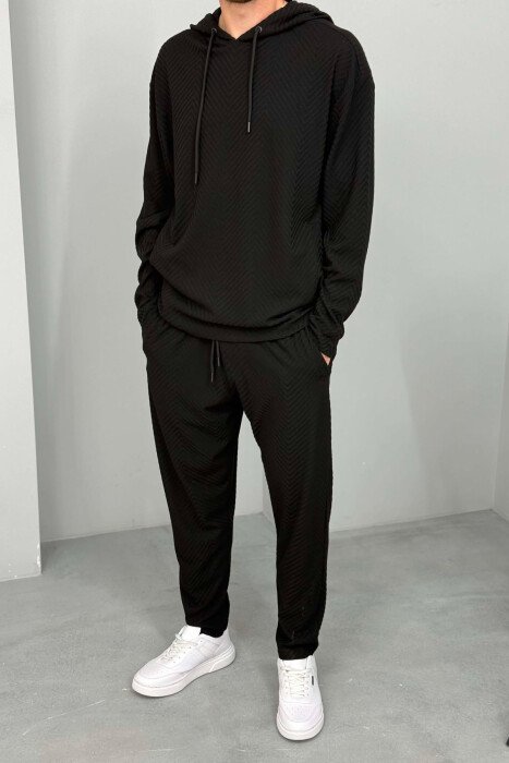 KOSTUM ME DIZAJN TË THJESHTË HOODIE+PANTALLONA PËR MESHKUJ NË NGJYRË TË ZEZË - 2