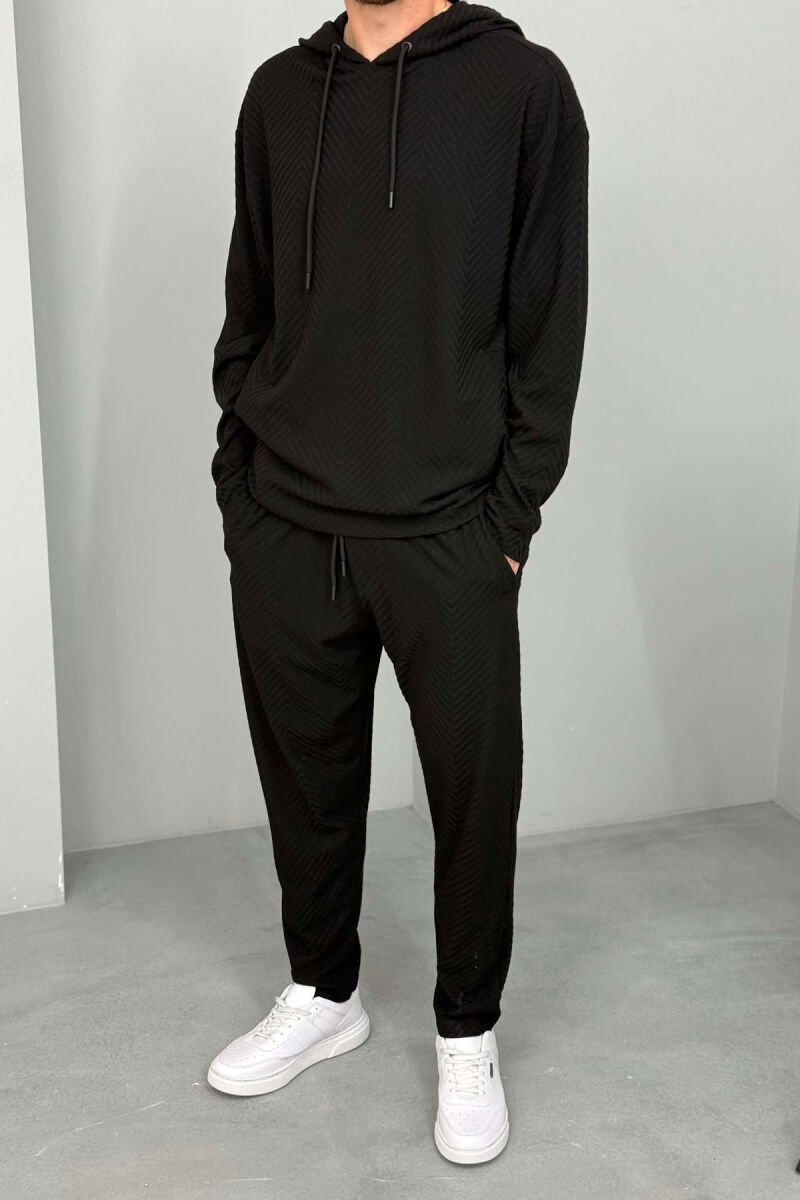 KOSTUM ME DIZAJN TË THJESHTË HOODIE+PANTALLONA PËR MESHKUJ NË NGJYRË TË ZEZË - 2
