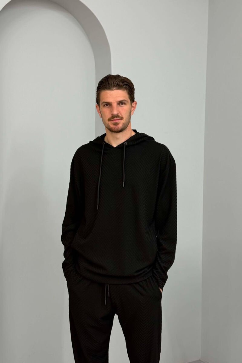 KOSTUM ME DIZAJN TË THJESHTË HOODIE+PANTALLONA PËR MESHKUJ NË NGJYRË TË ZEZË - 3