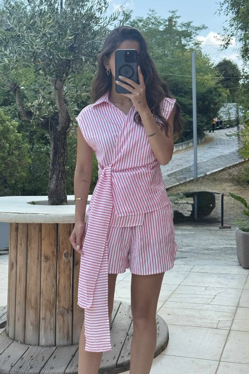 KOSTUM ME DIZENJO VIJASH KËMISHË DHE PANTALLONA TË SHKURTRA PËR FEMRA NË NGJYRËN ROZË - 4