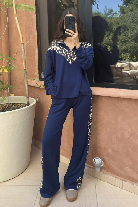 KOSTUM ME PRINTE LEOPARD BLUZË+TUTA PËR FEMRA NË NGJYRËN BLU - 1