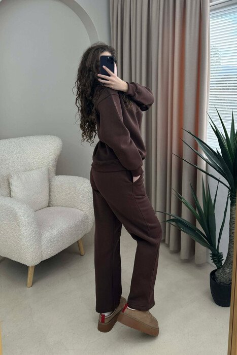 KOSTUM ME PUSH BLUZË ME JAKË ME ZINXHIR+TUTA PËR FEMRA NË NGJYRË KAFE - 3