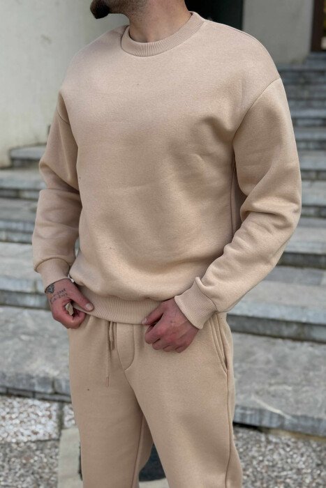 KOSTUM ME PUSH BLUZË ME JAKË TË RRUMBULLAKËT+TUTA PËR MESHKUJ NË NGJYRË BEZHË - 2