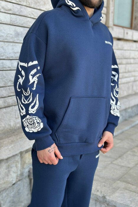 KOSTUM ME PUSH HOODIE+TUTA ME DIZAJN TË THJESHTË PËR MESHKUJ NË NGJYRËN BLU E ERRËT - 3