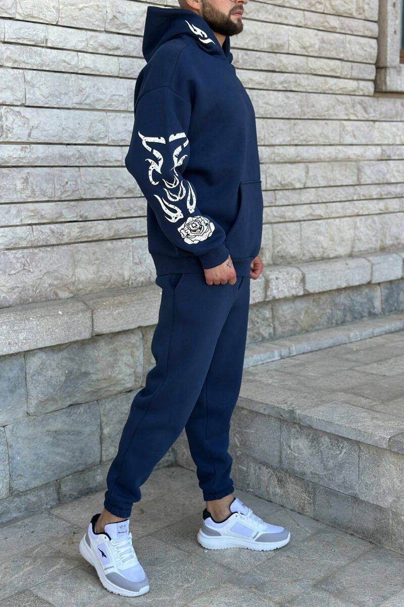 KOSTUM ME PUSH HOODIE+TUTA ME DIZAJN TË THJESHTË PËR MESHKUJ NË NGJYRËN BLU E ERRËT - 5