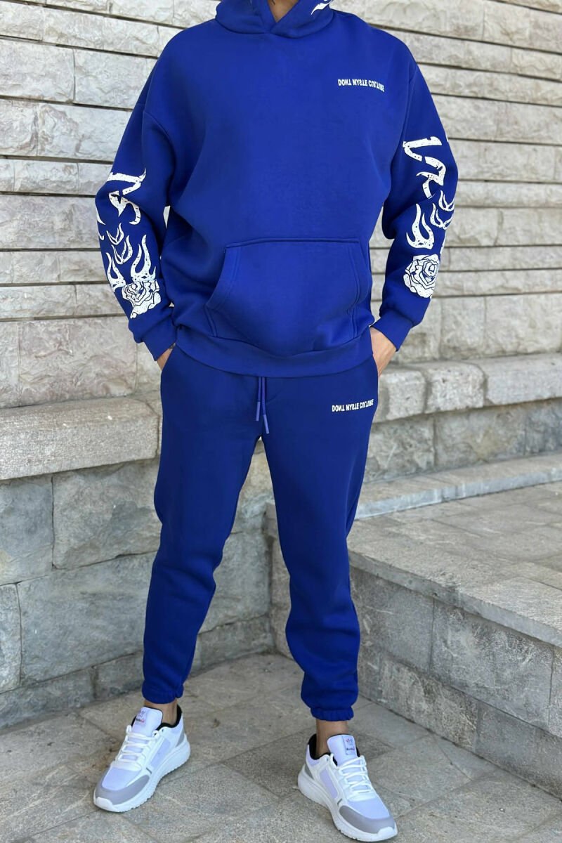 KOSTUM ME PUSH HOODIE+TUTA ME DIZAJN TË THJESHTË PËR MESHKUJ NË NGJYRËN BLU - 1
