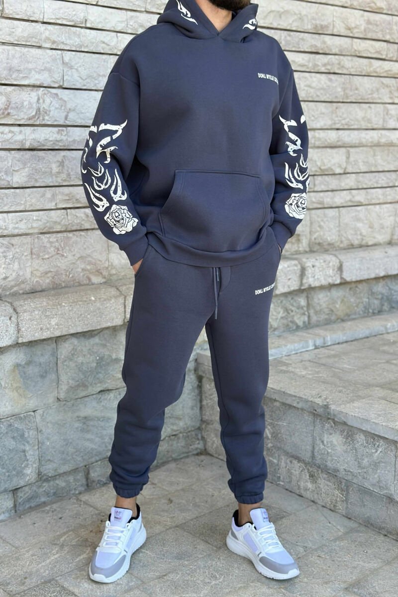 KOSTUM ME PUSH HOODIE+TUTA ME DIZAJN TË THJESHTË PËR MESHKUJ NË NGJYRËN GRI E ERRËT - 1