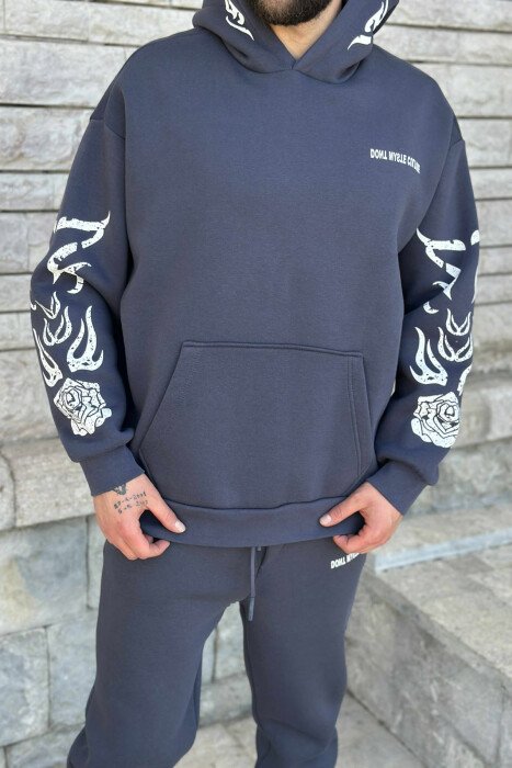 KOSTUM ME PUSH HOODIE+TUTA ME DIZAJN TË THJESHTË PËR MESHKUJ NË NGJYRËN GRI E ERRËT - 2