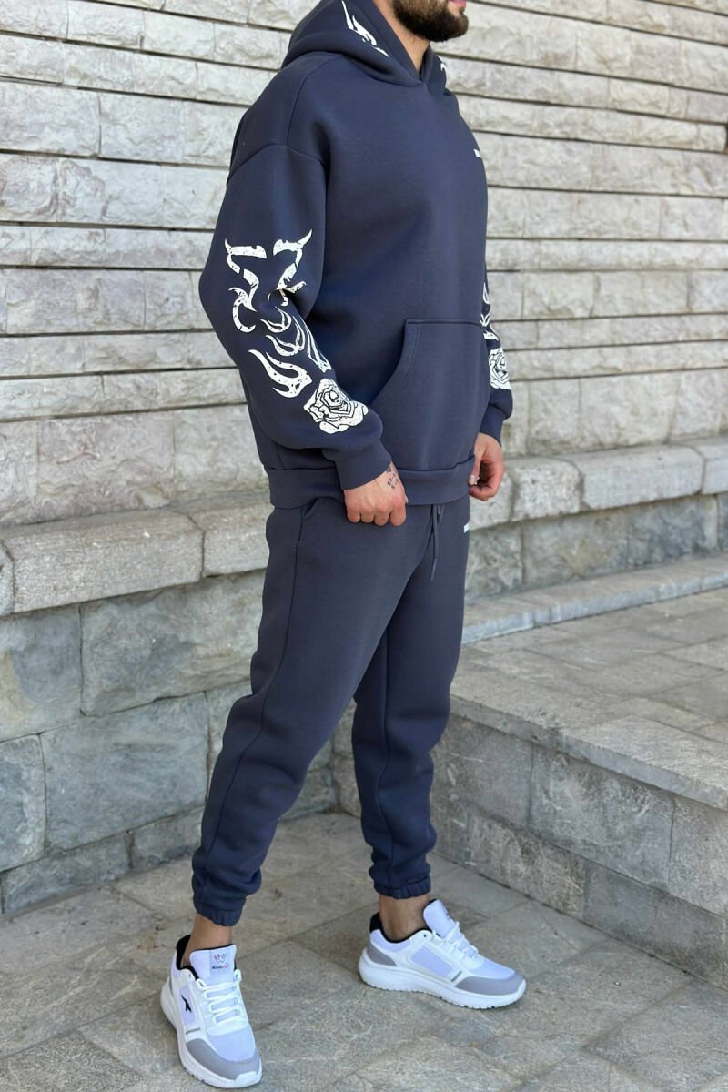 KOSTUM ME PUSH HOODIE+TUTA ME DIZAJN TË THJESHTË PËR MESHKUJ NË NGJYRËN GRI E ERRËT - 4
