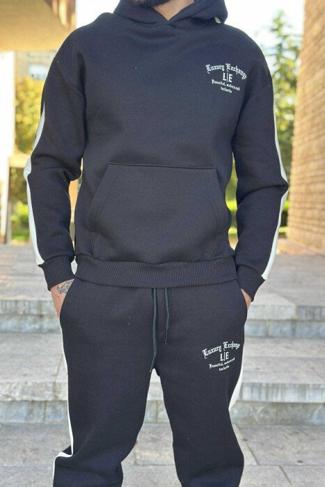 KOSTUM ME PUSH HOODIE +TUTA ME SHKRIME TË VOGLA PËR MESHKUJ NË NGJYRË TË ZEZË - 2