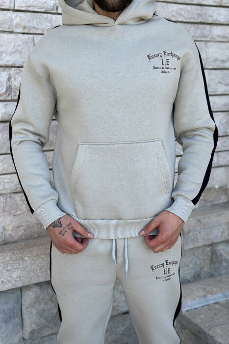 KOSTUM ME PUSH HOODIE +TUTA ME SHKRIME TË VOGLA PËR MESHKUJ NË NGJYRËN GRI TË ZBARDHUR - 2