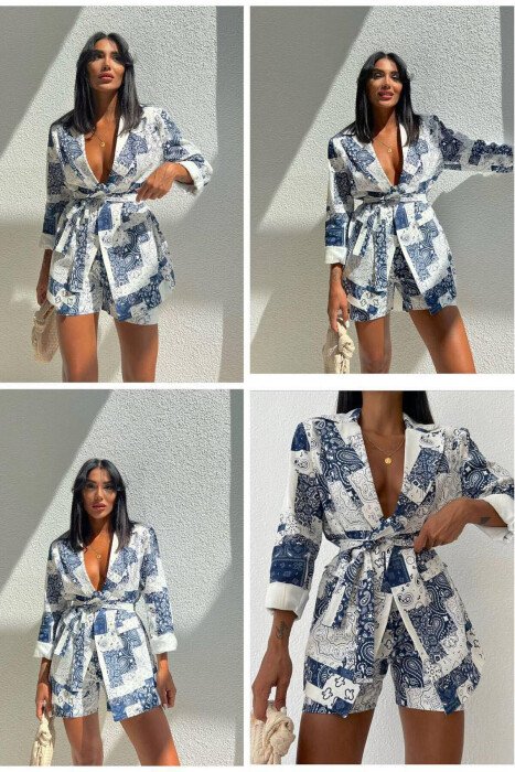 KOSTUM ME XHAKETË DHE PANTALLONA TË SHKURTRA PËR FEMRA NË NGJYRËN BLU - KLAUDIO FASHION