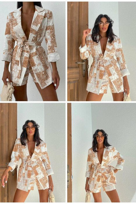 KOSTUM ME XHAKETË DHE PANTALLONA TË SHKURTRA PËR FEMRA NË NGJYRËN KAFE - KLAUDIO FASHION