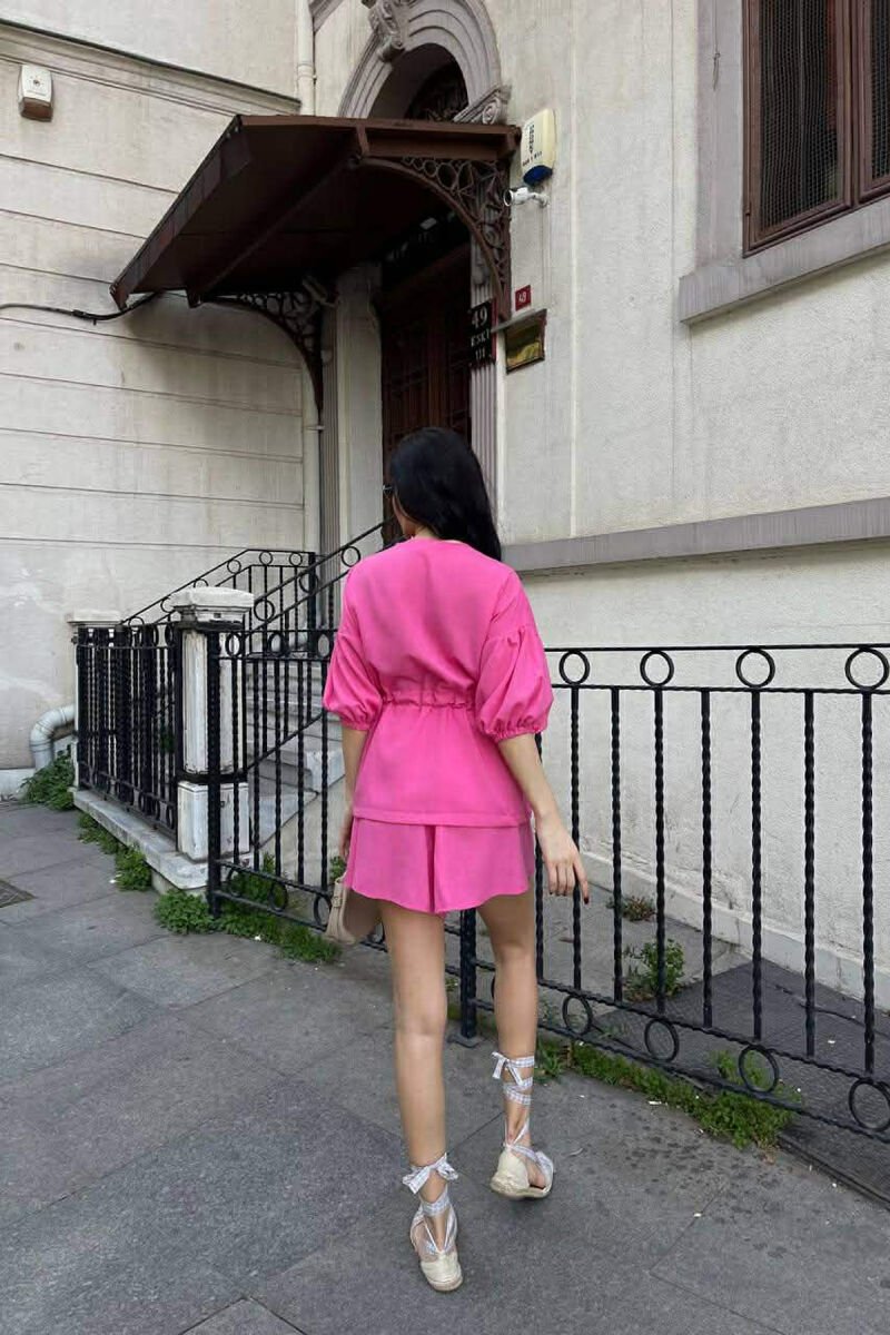 KOSTUM NJE NGJYRESH KEMISHE ME LIDHESE + PANTALLONA TE SHKURTRA PER FEMRA NE NGJYRE ROZE - 8