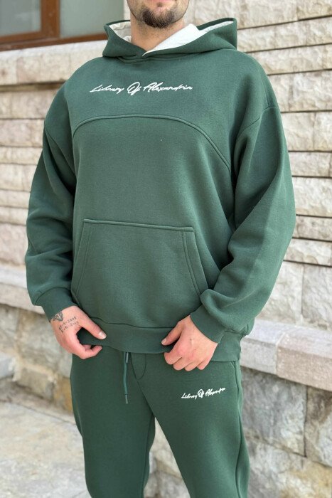 KOSTUM NJË NGJYRËSH ME PUSH HOODIE+TUTA PËR MESHKUJ NË NGJYRË JESHILE - 2