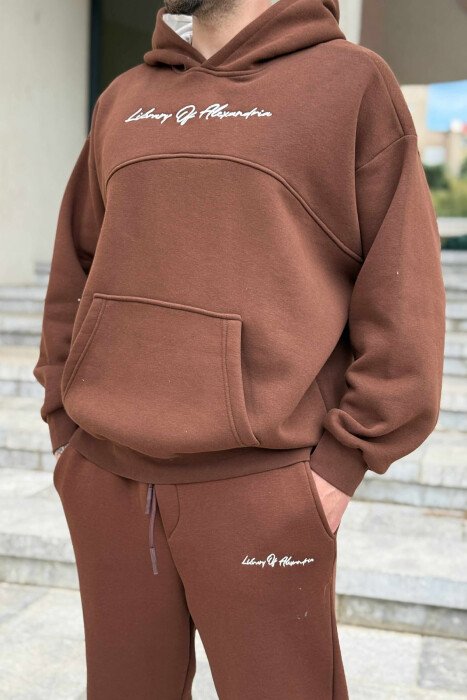 KOSTUM NJË NGJYRËSH ME PUSH HOODIE+TUTA PËR MESHKUJ NË NGJYRË KAFE - 2