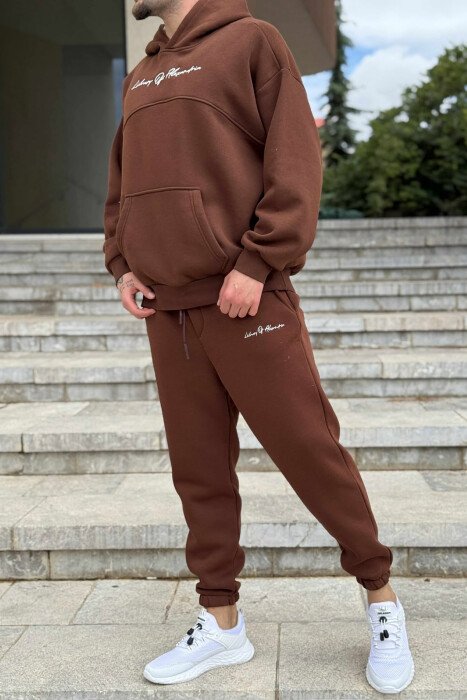 KOSTUM NJË NGJYRËSH ME PUSH HOODIE+TUTA PËR MESHKUJ NË NGJYRË KAFE - 5