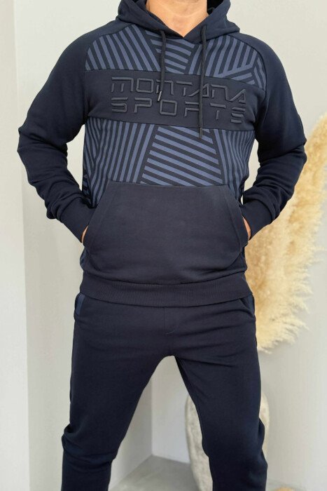 KOSTUM NJËNGJYRËSH HOODIE+TUTA PËR MESHKUJ NË NGJYRËN BLU TË ERRËT - 3