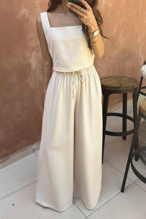 KOSTUM NJËNGJYRËSH CROP TOP +PANTALLONA PËR FEMRA NË NGJYRËN BEZHË - 3
