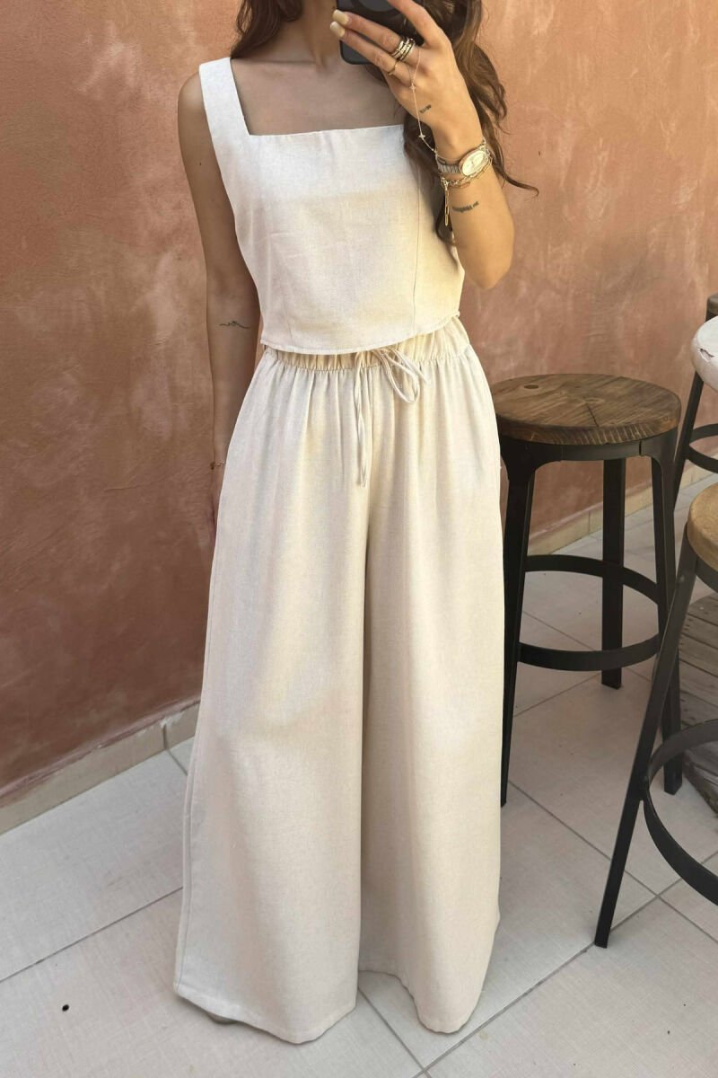 KOSTUM NJËNGJYRËSH CROP TOP +PANTALLONA PËR FEMRA NË NGJYRËN BEZHË - 3