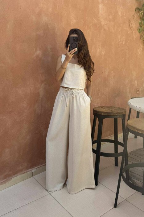 KOSTUM NJËNGJYRËSH CROP TOP +PANTALLONA PËR FEMRA NË NGJYRËN BEZHË - 4