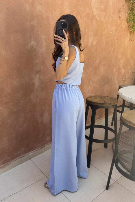 KOSTUM NJËNGJYRËSH CROP TOP +PANTALLONA PËR FEMRA NË NGJYRËN BLU TË ZBARDHUR - 3
