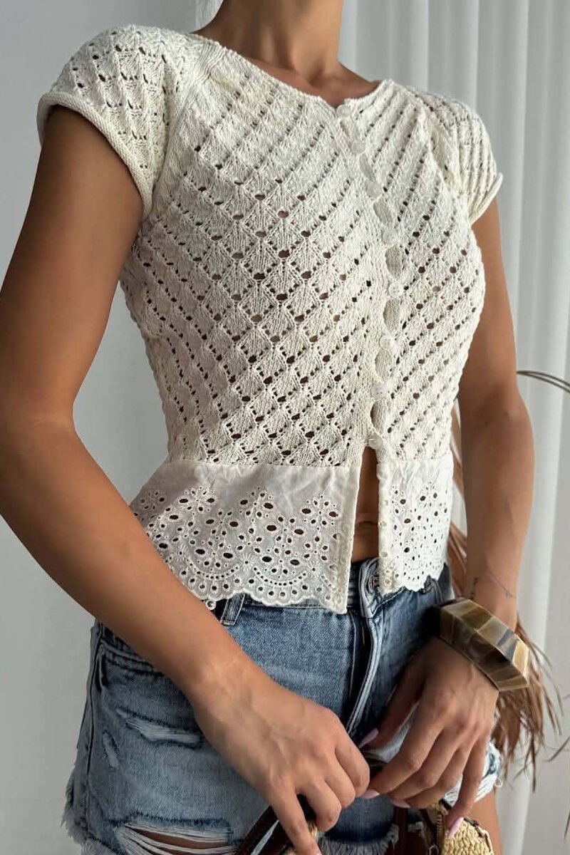 LACE DETAIL BUTTONED WOMAN SWEATER CREAM/KREM - 2