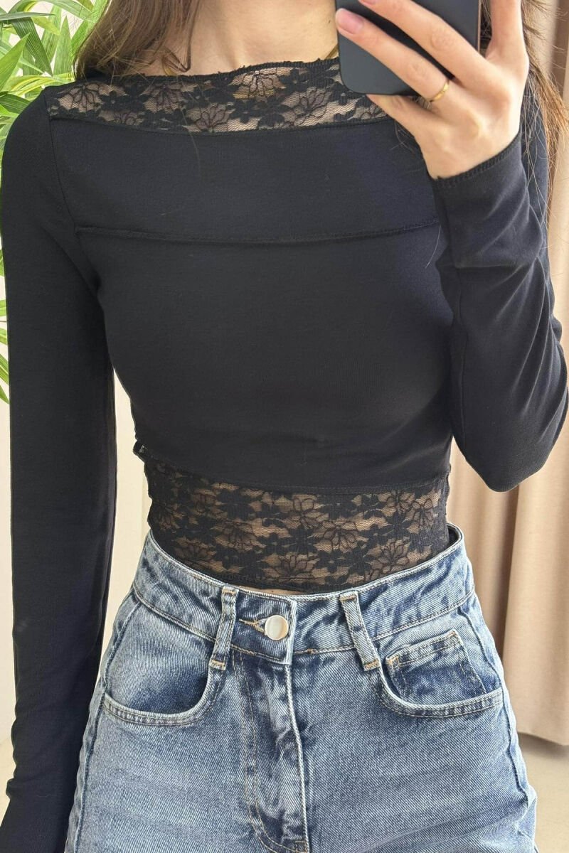 LACE DETAILS ONE COLOR WOMEN SWEATSHIRT BLACK/ E ZEZE - 7