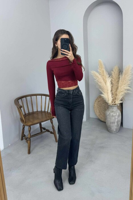 LACE DETAILS ONE COLOR WOMEN SWEATSHIRT BURGUNDY/VISHNJE 